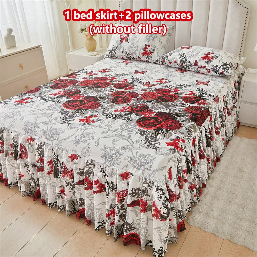 3pcs Soft & Breathable Floral Printed Bed Skirt Set (1 Bed Skirt + 2 Pillowcases), Moisture-Wicking, Wrinkle-Resistant, All Season, Elegant Printing, Suitable For Bedroom And Hotel, Simple & Economic Bedding