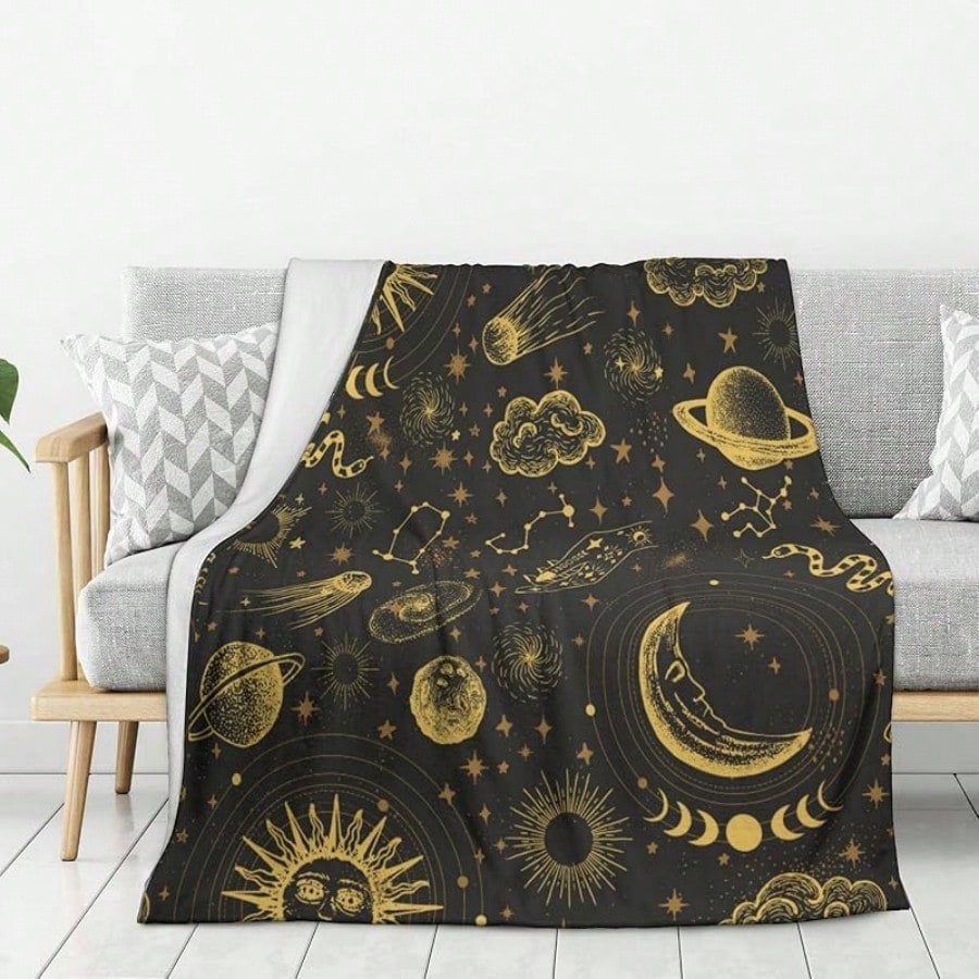 Sun And Moon Blanket Lightweight Soft And Comfortable Gift For Fantasy Lovers Sky Starry Sky Blanket, Multi-Purpose Blanket, 280G Fabric Weight Flannel Fabric Single-Sided Printing, Next Day Shipping 280G/M2