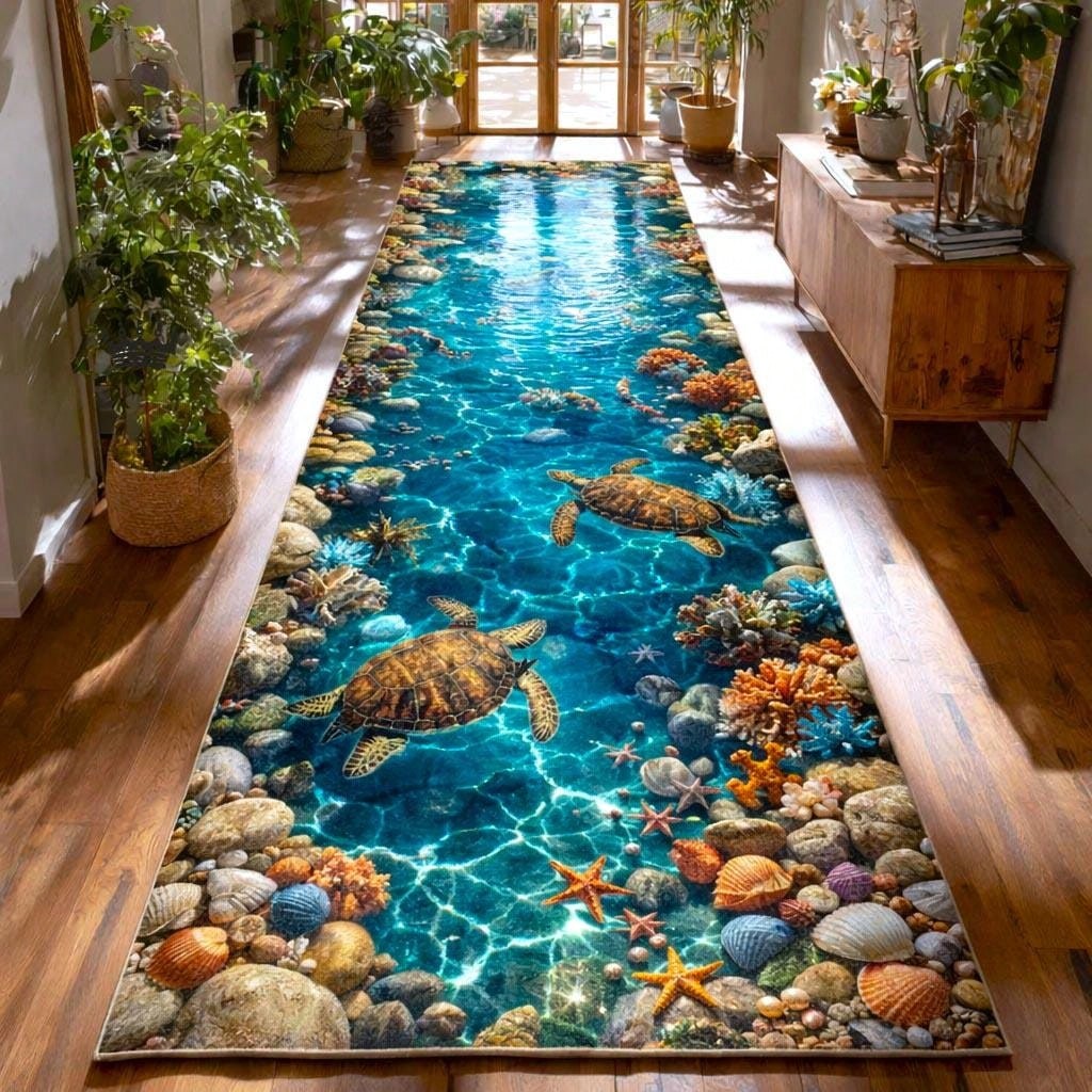 1pc Sea Turtle Ocean Runner Rug Coastal Beach Carpet Underwater Coral Floor Mat Nautical Hallway Rug Tropical Bathroom Kitchen Decor Gift