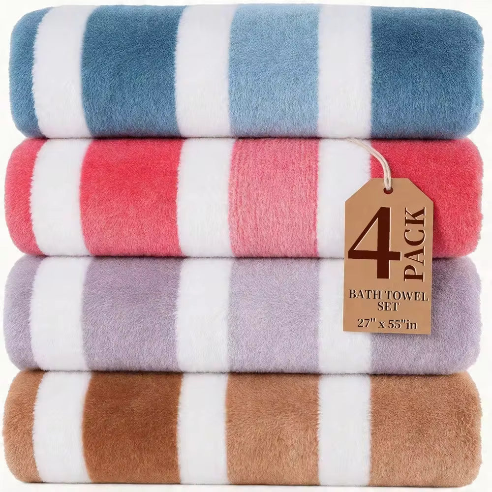 4pcs Pack Bath Towel & Beach Towel Set, 27"X55" Microfiber, Ultra-Soft & Absorbent, 290gsm,Super Soft Five-Star Hotel Standard Two-Color Striped, Ideal Bathroom Supplies For Family Essentials