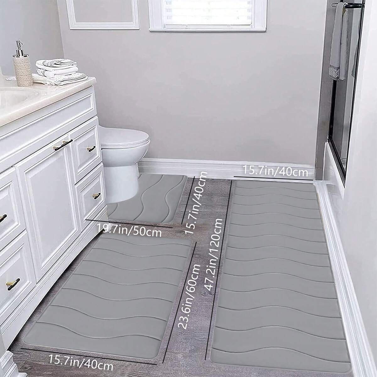 3 Piece Thick Foam Bathroom Rug Set, Long Runner Mat Bath Mat U-Shaped Toilet Mat, Absorbent Non Slip Machine Washable Comfort Wave Pattern Bath Floor Mats