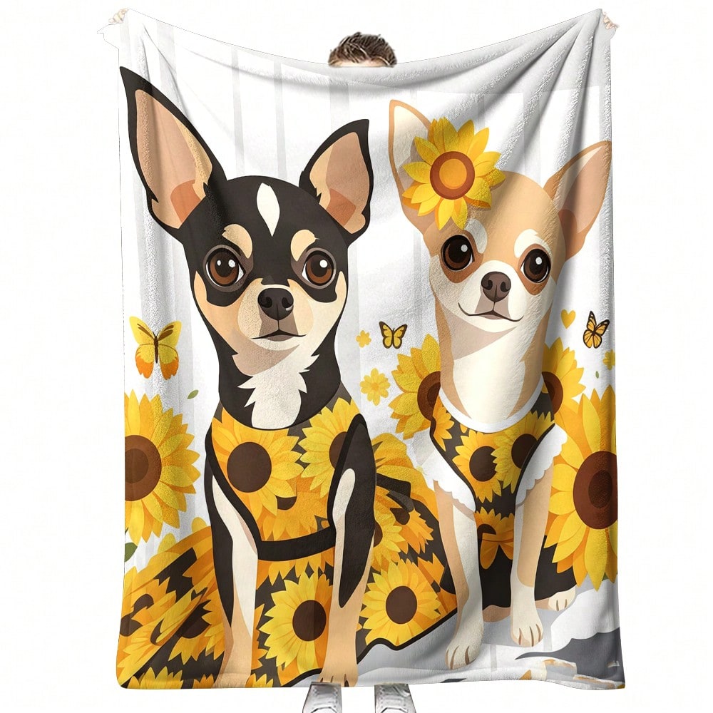 1pc Cute Chihuahua Dog With Sunflower Dress Flannel Fleece Blanket, Sweet Sunflower And Butterfly Print Soft Printed Blanket, Suitable For Sofa, Bedroom, All Seasons