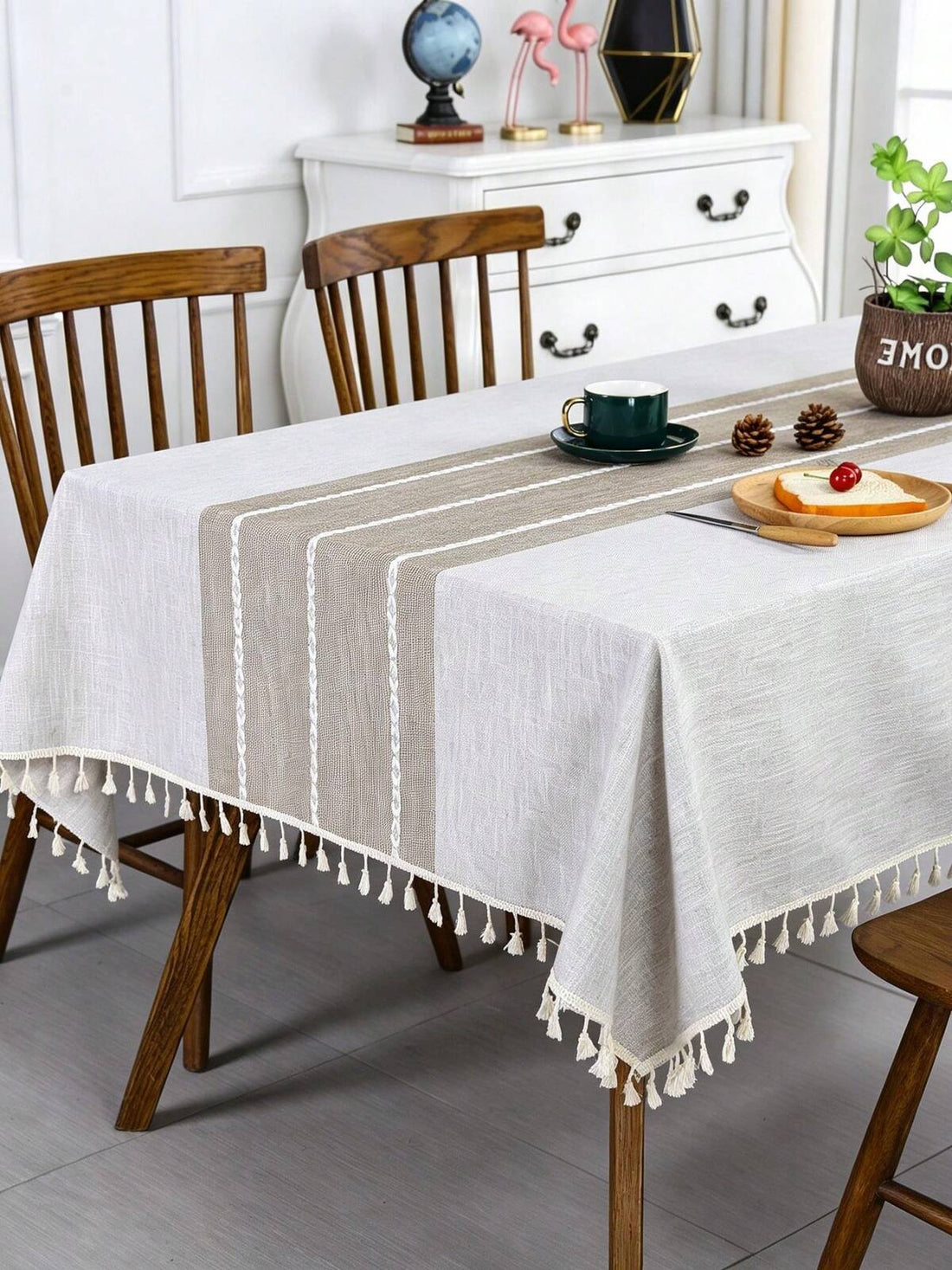 1PC Solid Color Striped Linen Tablecloth With Tassels, Pastoral Style Rectangular Dining Table Cover, Suitable For Kitchen, Dining Room Daily Home Decor